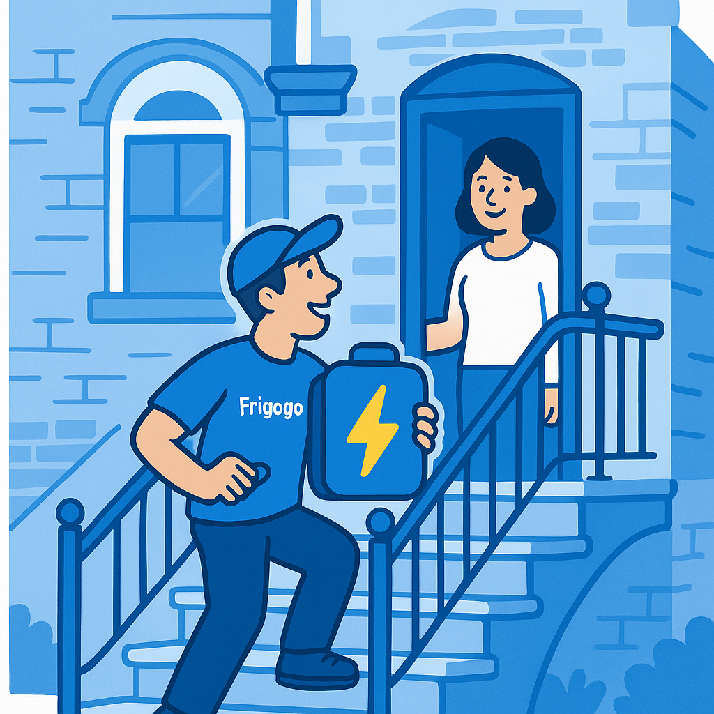 Frigogo delivery person bringing a battery to a customer